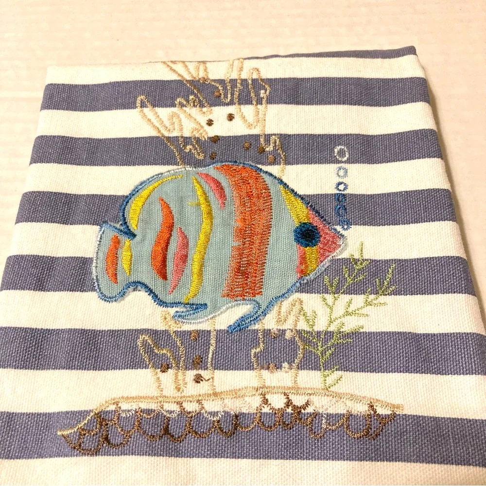 PIER 1 IMPORTS Nautical Stripe Fish Lace Embroidered Zig Zag Towel 29 x 17 in